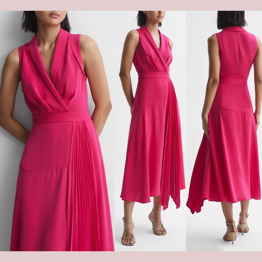 NWT $385‎ Reiss [ 0 US ] V Neck Claire Pleated Fitted Midi Dress in Pink